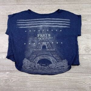 Penelope Paris Eiffel Tower Cropped Top Women's size L Curtain Back Short Sleeve
